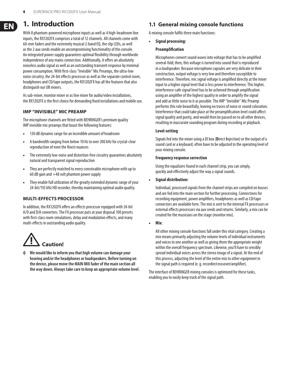 Specifications, Introduction, 1 general mixing console functions | Behringer Eurorack Pro RX1202FX User Manual | Page 4 / 16