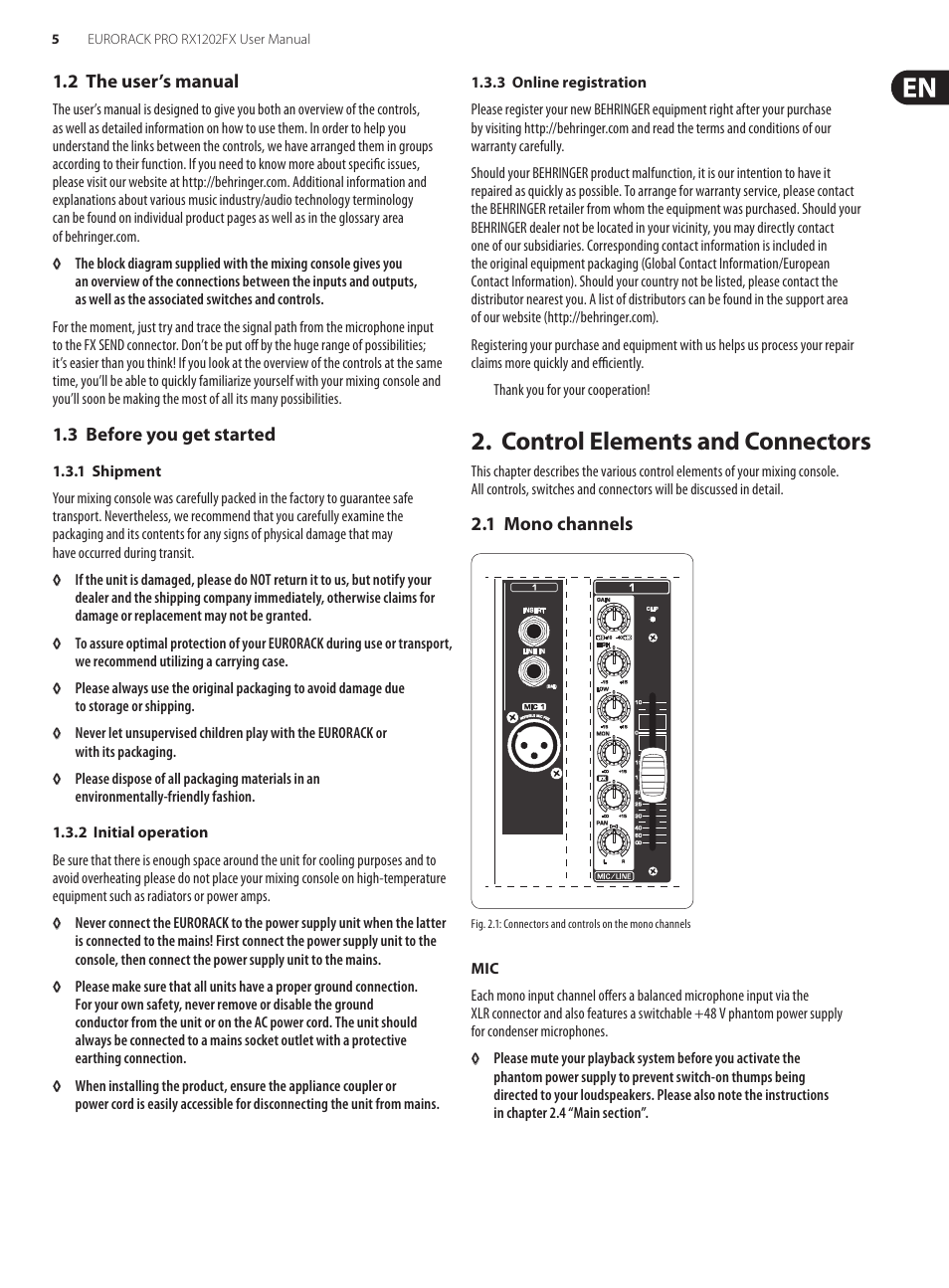 2 the user’s manual, 3 before you get started, Control elements and connectors | 1 mono channels, 2 the user’s manual 1.3 before you get started | Behringer Eurorack Pro RX1202FX User Manual | Page 5 / 16