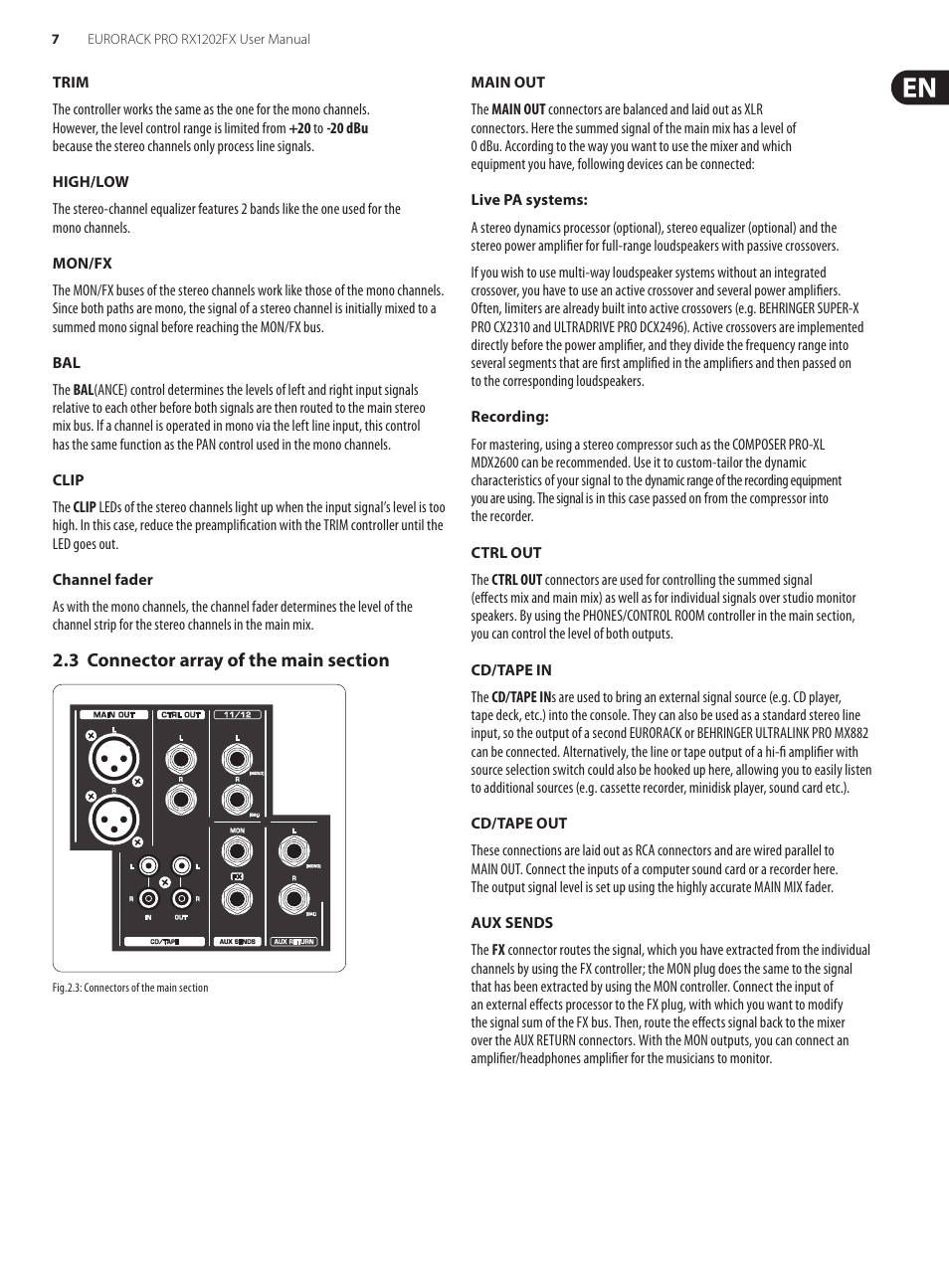 3 connector array of the main section | Behringer Eurorack Pro RX1202FX User Manual | Page 7 / 16