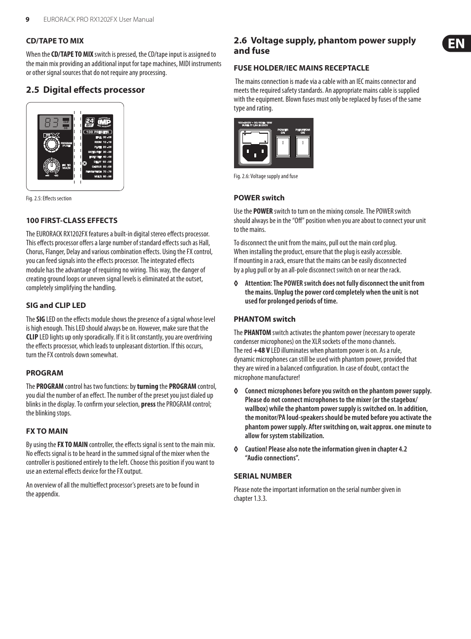 5 digital effects processor, 6 voltage supply, phantom power supply and fuse, And fuse | Behringer Eurorack Pro RX1202FX User Manual | Page 9 / 16