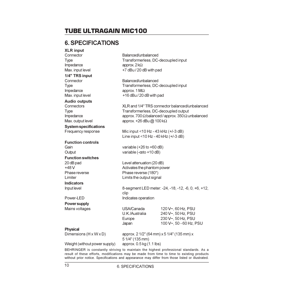 Tube ultragain mic100, Specifications | Behringer MIC100 User Manual | Page 10 / 11