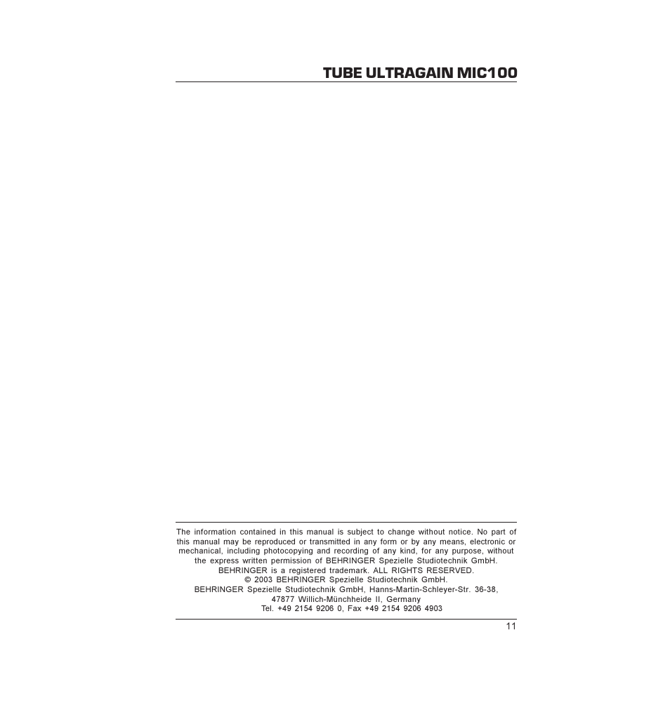 Tube ultragain mic100 | Behringer MIC100 User Manual | Page 11 / 11