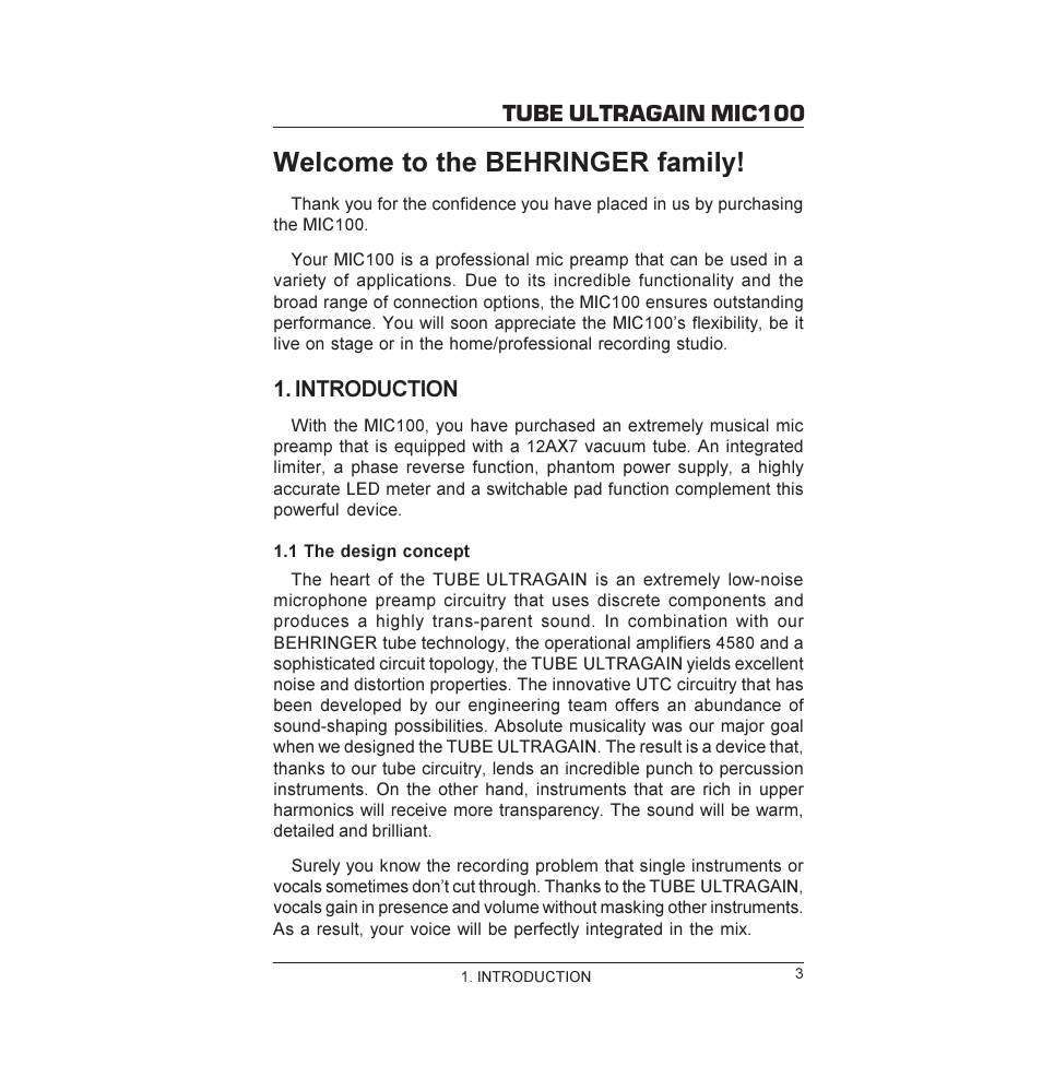 Welcome to the behringer family, Tube ultragain mic100, Introduction | Behringer MIC100 User Manual | Page 3 / 11