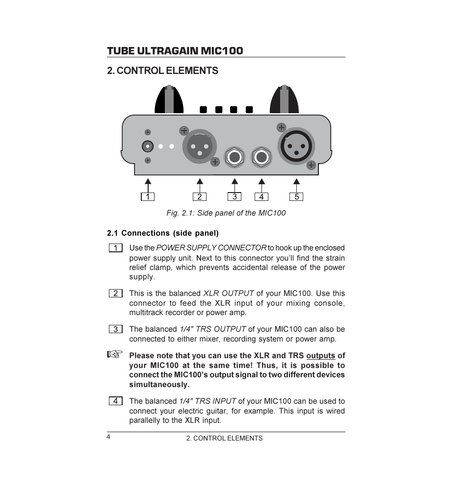 Tube ultragain mic100, Control elements | Behringer MIC100 User Manual | Page 4 / 11