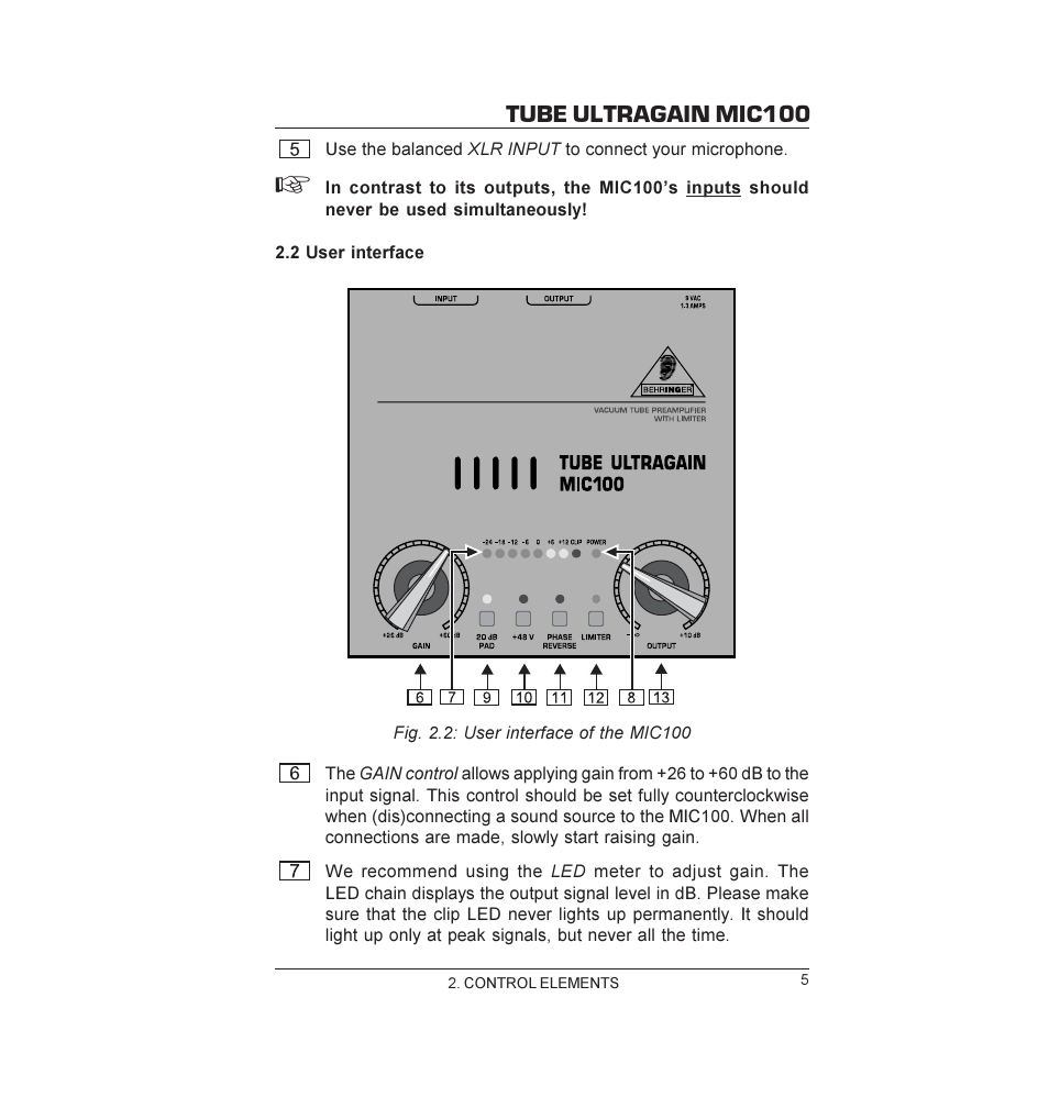 Tube ultragain mic100 | Behringer MIC100 User Manual | Page 5 / 11