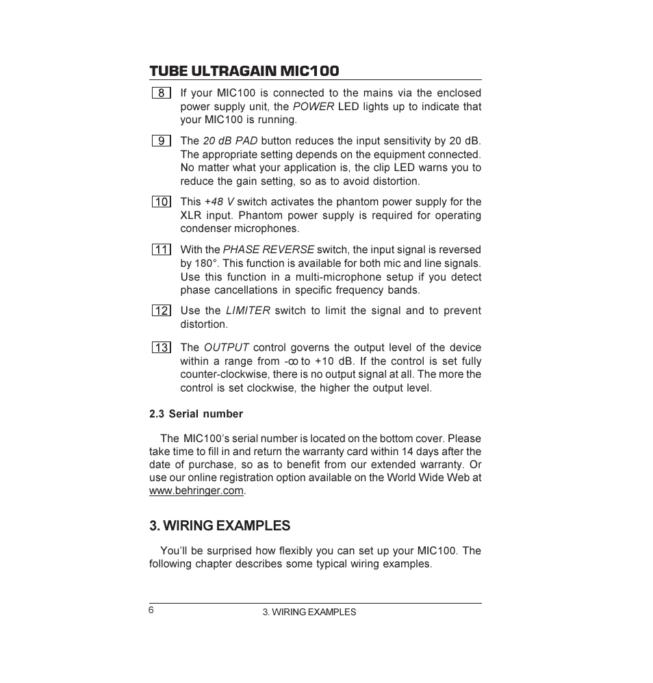 Tube ultragain mic100, Wiring examples | Behringer MIC100 User Manual | Page 6 / 11