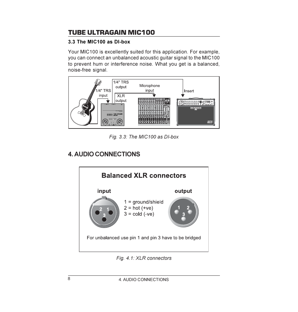 Tube ultragain mic100, Audio connections | Behringer MIC100 User Manual | Page 8 / 11