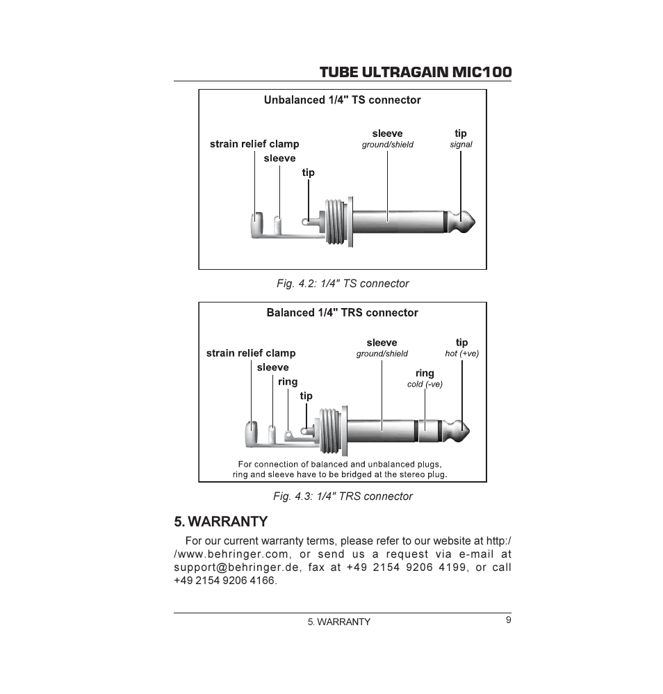 Tube ultragain mic100, Warranty | Behringer MIC100 User Manual | Page 9 / 11