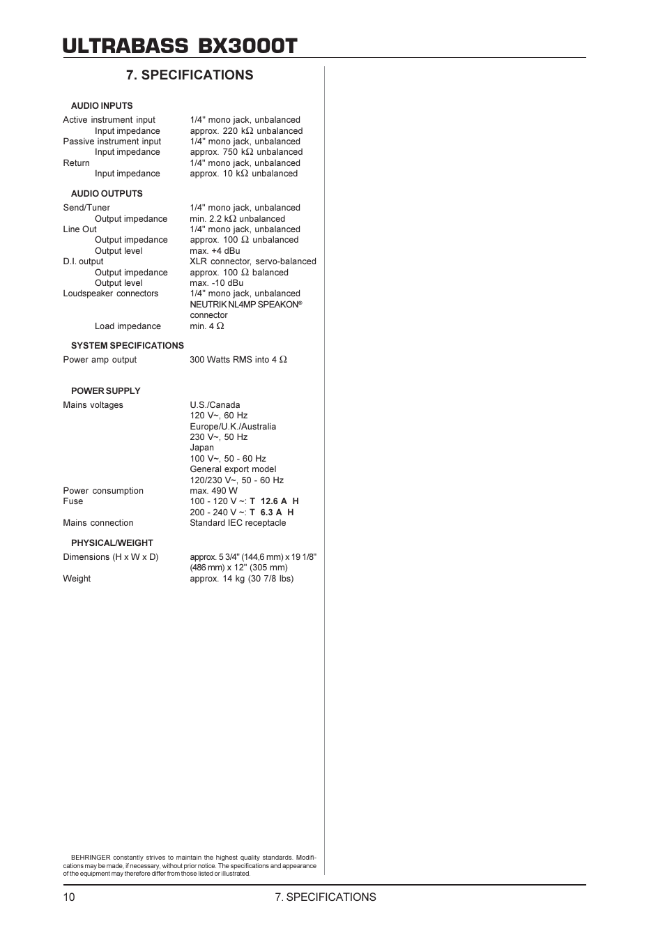 Ultrabass bx3000t, Specifications | Behringer Ultrabass BX3000T User Manual | Page 10 / 11