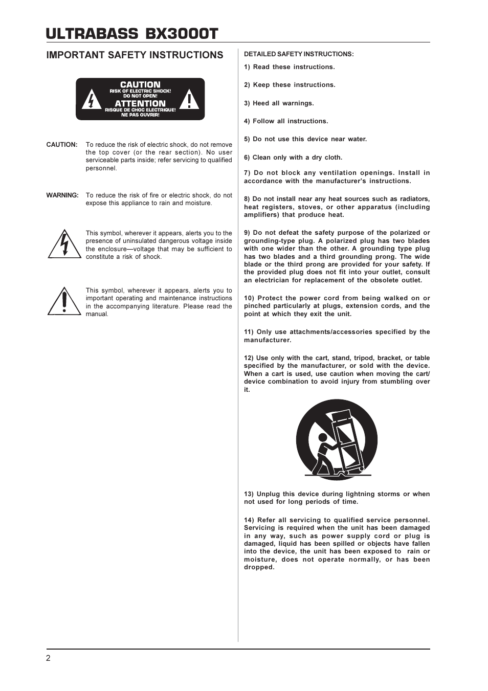 Ultrabass bx3000t, Important safety instructions | Behringer Ultrabass BX3000T User Manual | Page 2 / 11