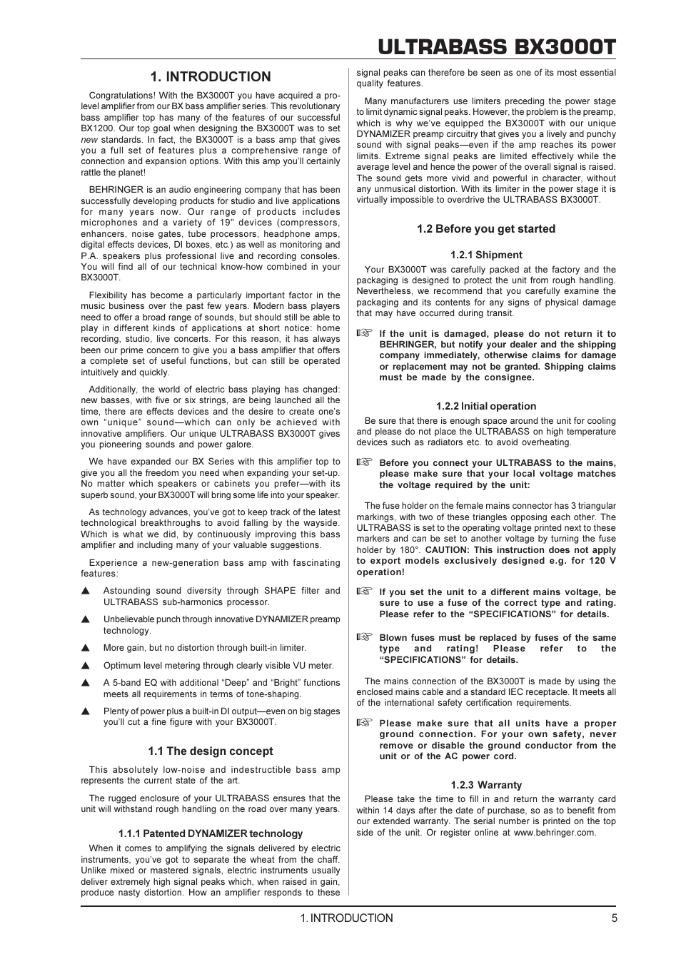 Ultrabass bx3000t, Introduction | Behringer Ultrabass BX3000T User Manual | Page 5 / 11