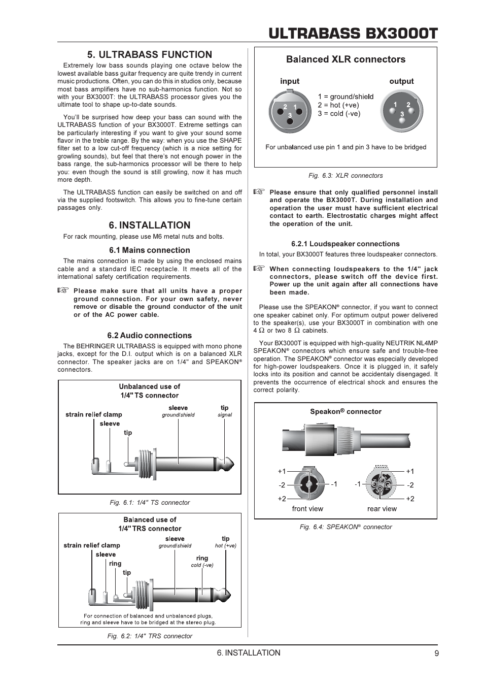 Ultrabass bx3000t, Ultrabass function, Installation | Behringer Ultrabass BX3000T User Manual | Page 9 / 11