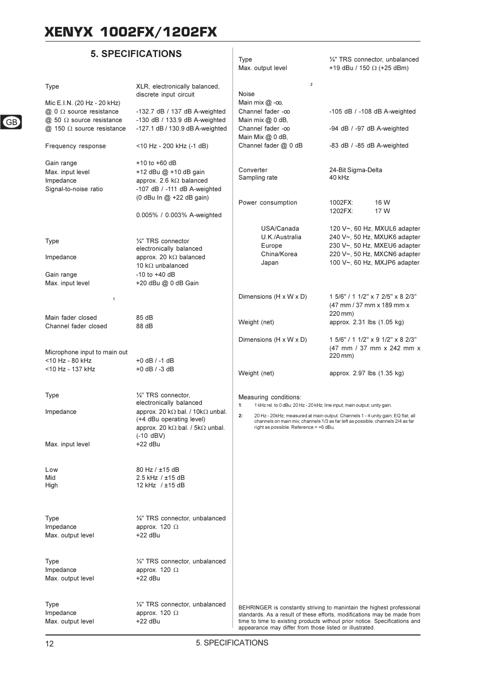 Specifications | Behringer 1202FX User Manual | Page 12 / 13