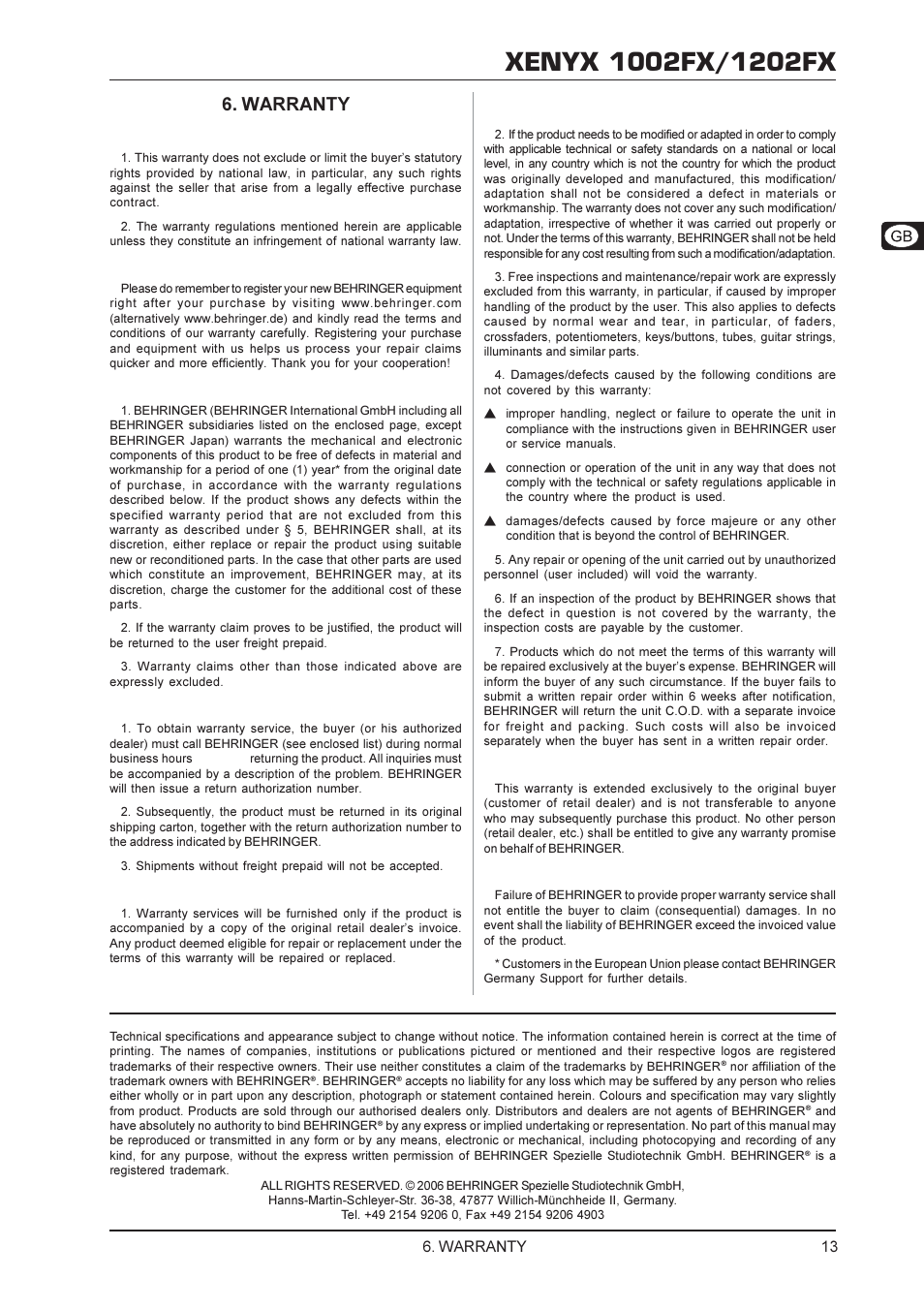 Xenyx, Warranty | Behringer 1202FX User Manual | Page 13 / 13