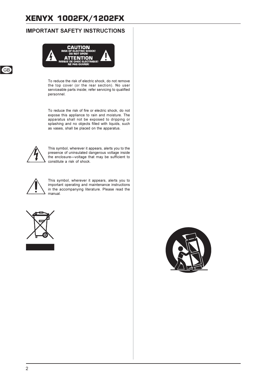 Important safety instructions | Behringer 1202FX User Manual | Page 2 / 13
