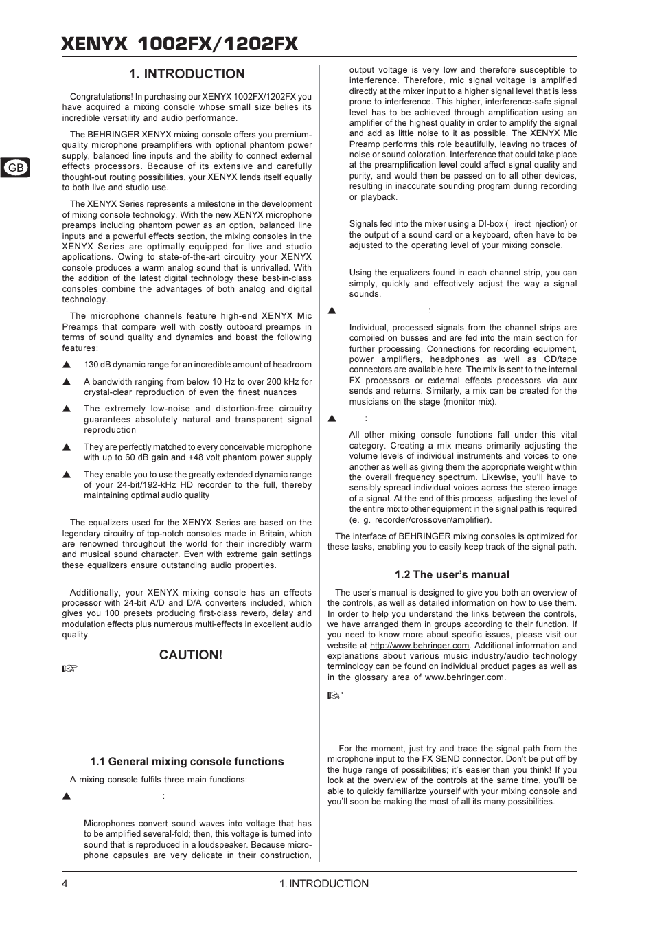 Introduction, Caution, 1 general mixing console functions | 2 the users manual | Behringer 1202FX User Manual | Page 4 / 13