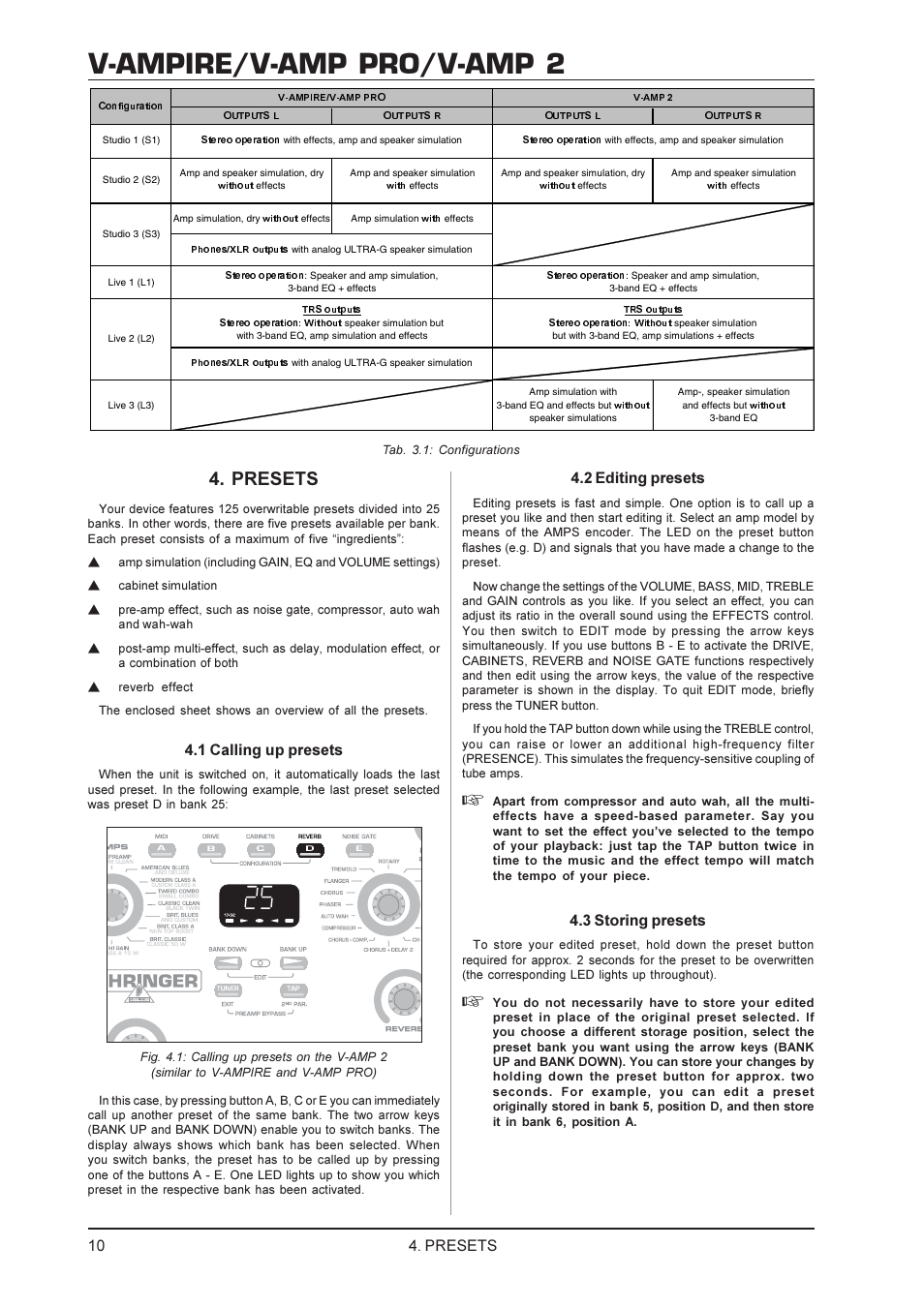 V-ampire/v-amp pro/v-amp 2, Presets, 1 calling up presets | 2 editing presets, 3 storing presets | Behringer V-AMP PRO User Manual | Page 10 / 19