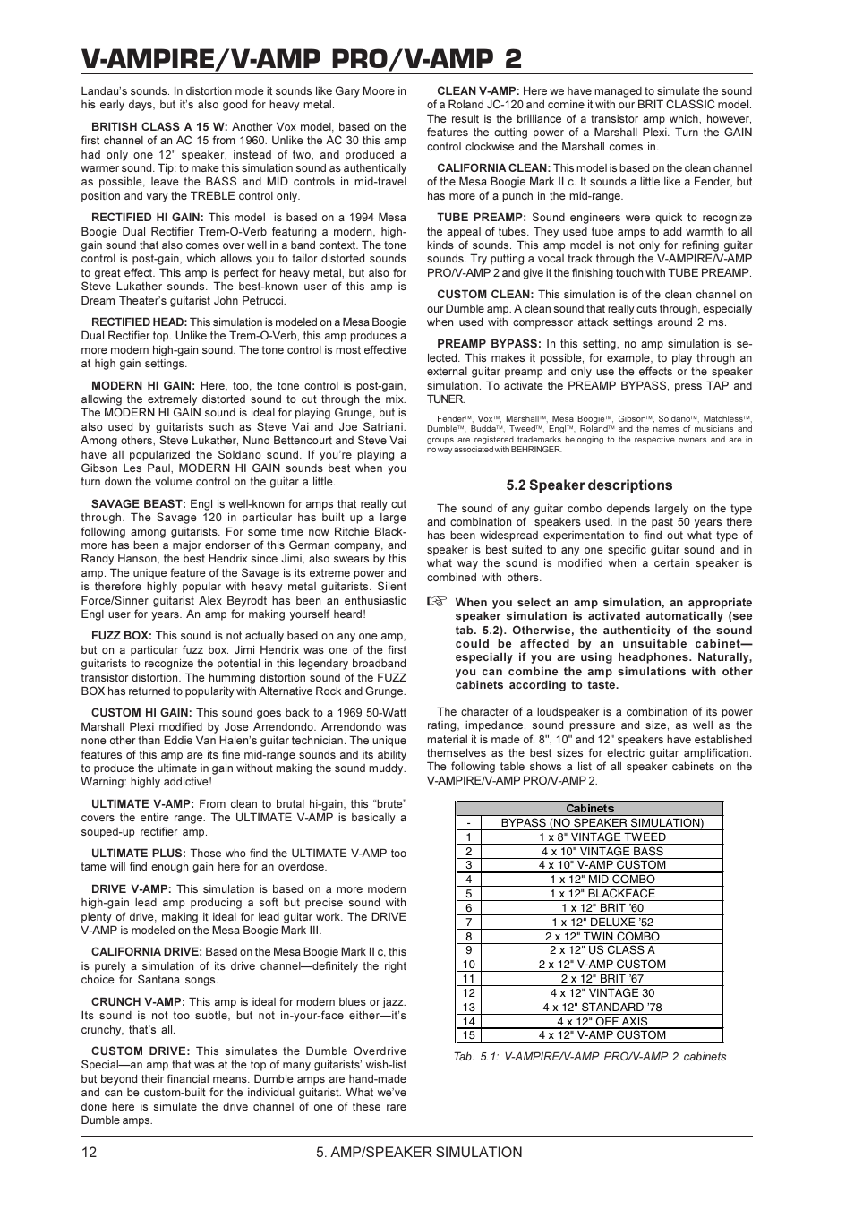 V-ampire/v-amp pro/v-amp 2, Amp/speaker simulation, 2 speaker descriptions | Behringer V-AMP PRO User Manual | Page 12 / 19