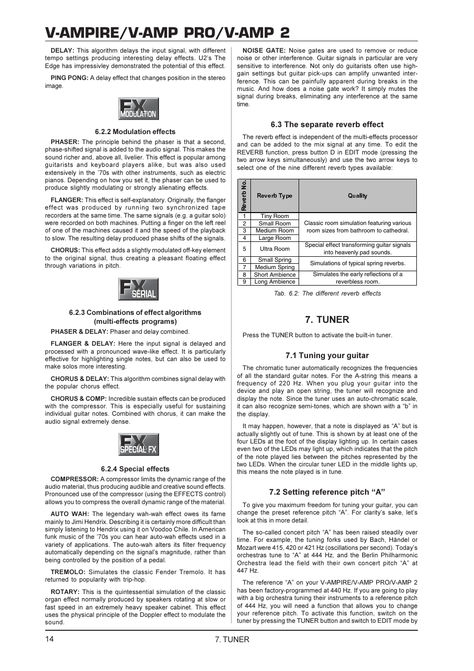 V-ampire/v-amp pro/v-amp 2, Tuner, 3 the separate reverb effect | 1 tuning your guitar, 2 setting reference pitch a | Behringer V-AMP PRO User Manual | Page 14 / 19