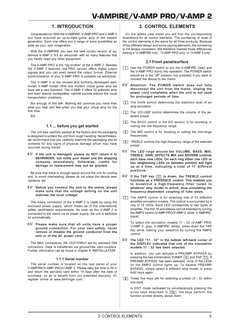 V-ampire/v-amp pro/v-amp 2, Control elements, Introduction | Behringer V-AMP PRO User Manual | Page 5 / 19