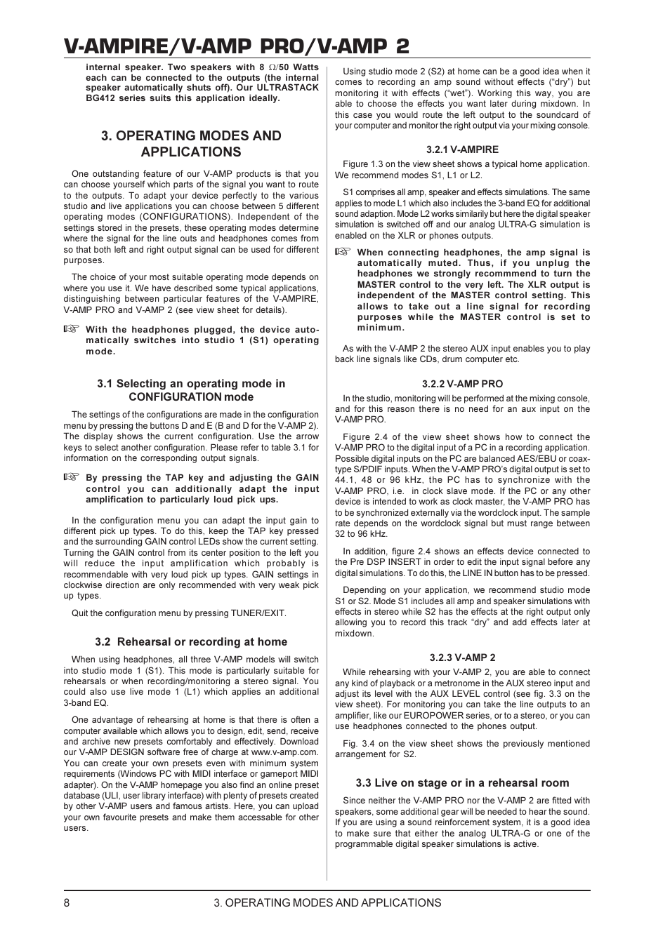 V-ampire/v-amp pro/v-amp 2, Operating modes and applications | Behringer V-AMP PRO User Manual | Page 8 / 19