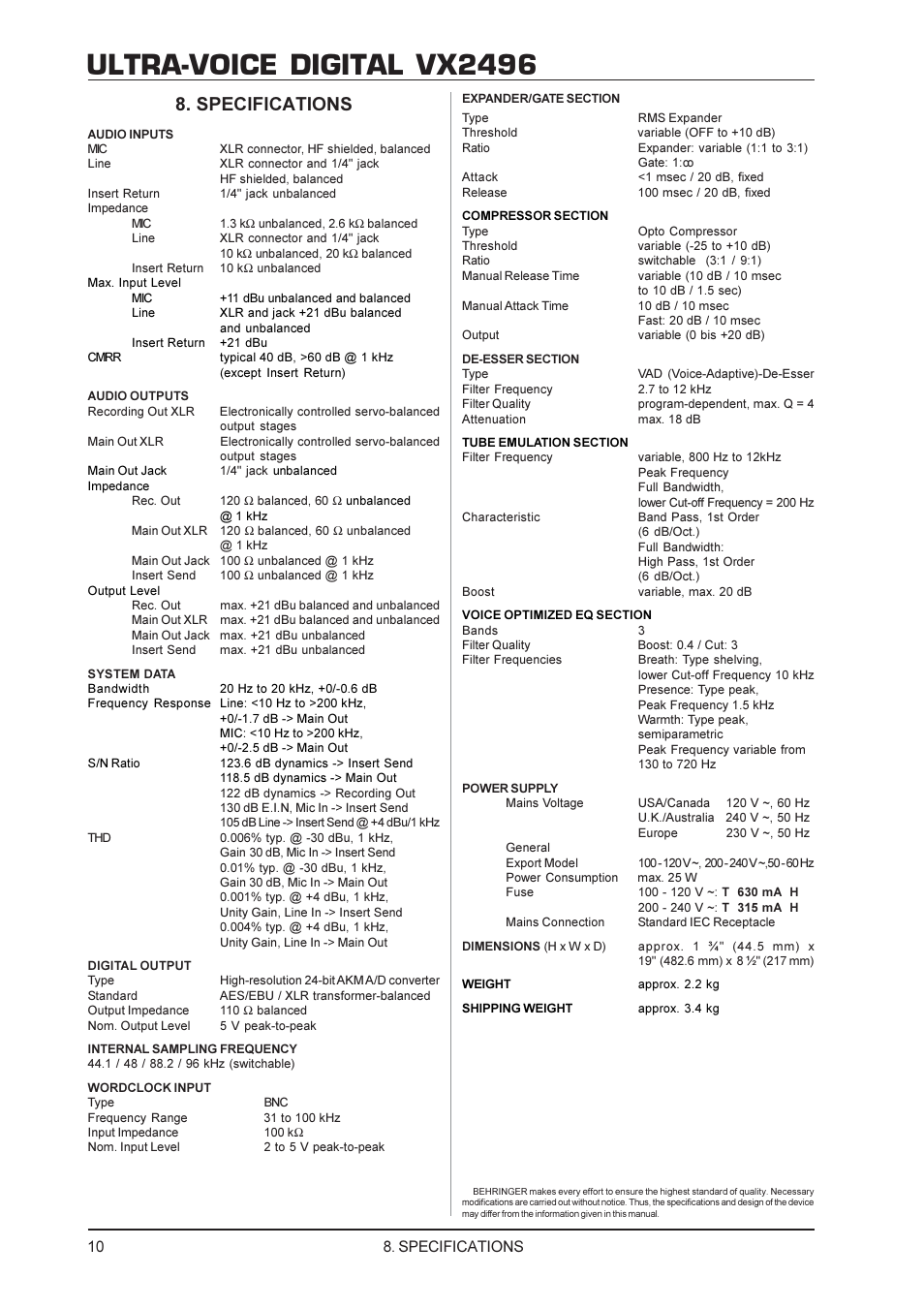 Ultra-voice digital vx2496, Specifications | Behringer ULTRA-VOICE DIGITAL VX2496 User Manual | Page 10 / 11