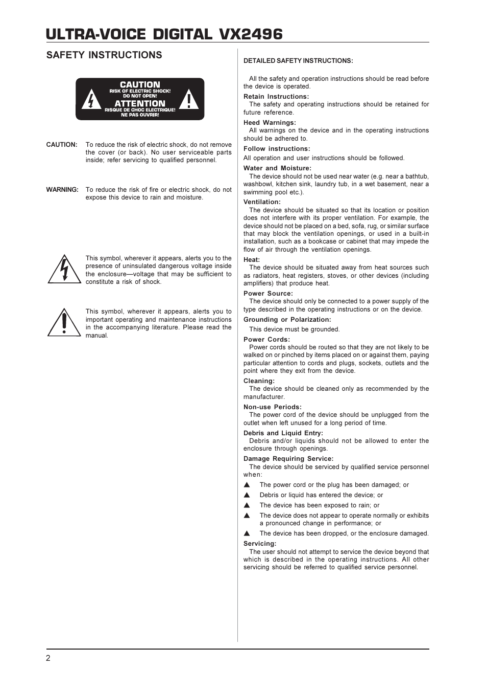 Ultra-voice digital vx2496, Safety instructions | Behringer ULTRA-VOICE DIGITAL VX2496 User Manual | Page 2 / 11