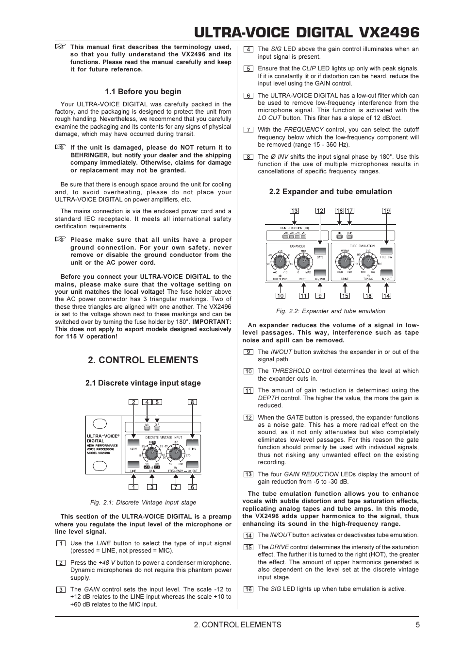 Ultra-voice digital vx2496, Control elements | Behringer ULTRA-VOICE DIGITAL VX2496 User Manual | Page 5 / 11