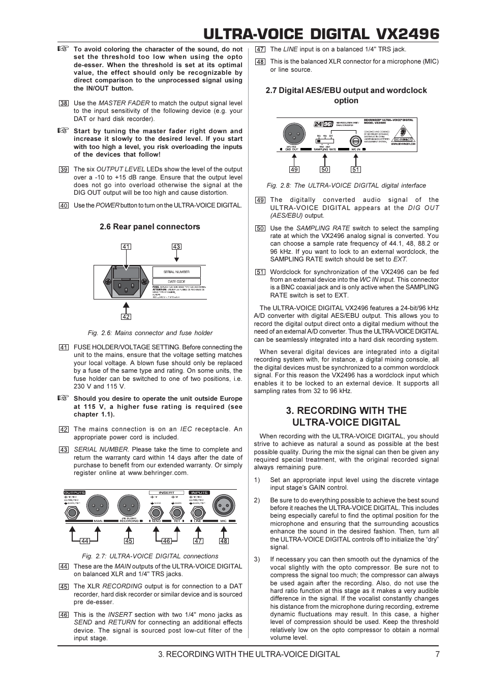 Ultra-voice digital vx2496, Recording with the ultra-voice digital | Behringer ULTRA-VOICE DIGITAL VX2496 User Manual | Page 7 / 11