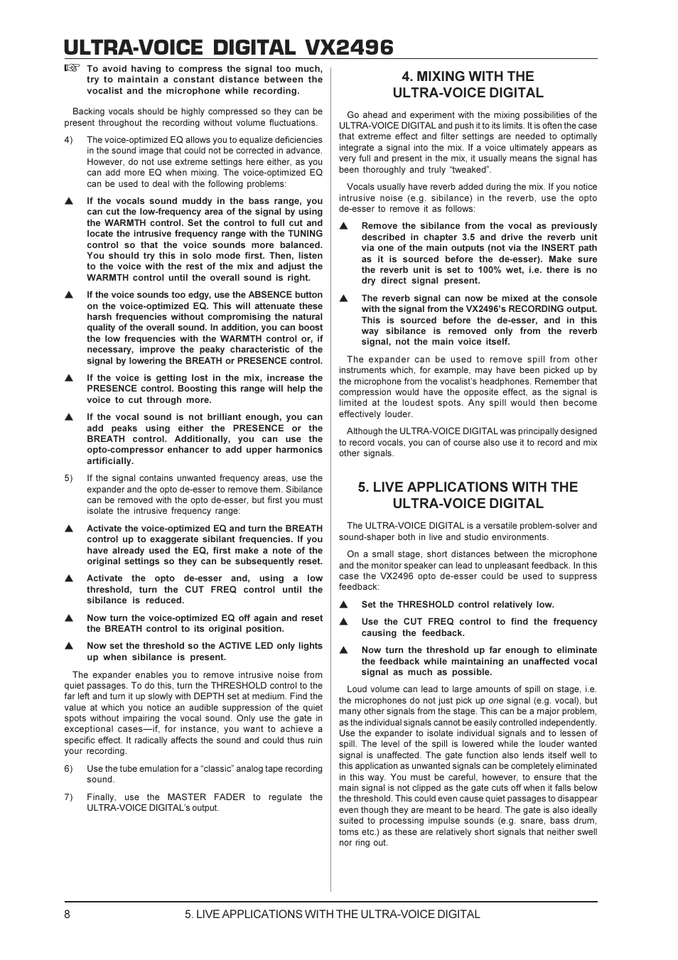 Ultra-voice digital vx2496, Mixing with the ultra-voice digital, Live applications with the ultra-voice digital | Behringer ULTRA-VOICE DIGITAL VX2496 User Manual | Page 8 / 11