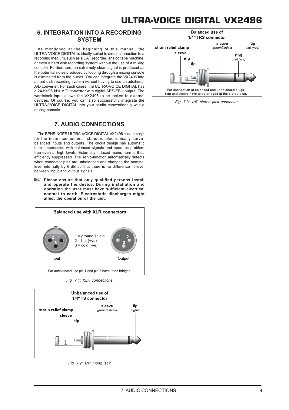 Ultra-voice digital vx2496, Integration into a recording system, Audio connections | Behringer ULTRA-VOICE DIGITAL VX2496 User Manual | Page 9 / 11