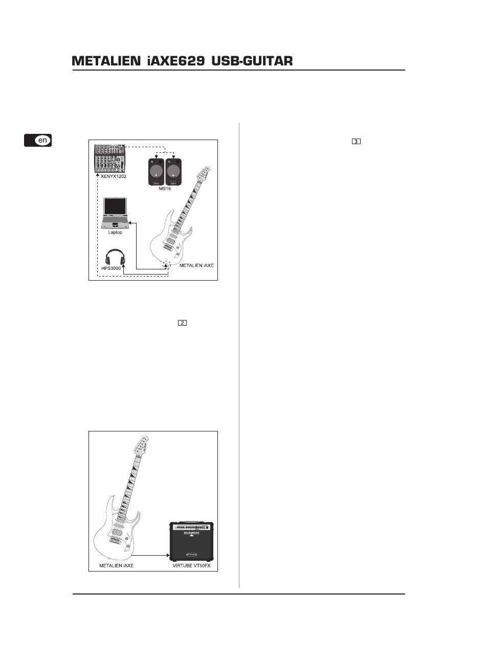 1 operation of the usb connector, 2 connection to a guitar amp, 3 using the iaxe629 with a behringer v-amp | Metalien iaxe629 usb-guitar, Application examples | Behringer IAXE629 User Manual | Page 4 / 6