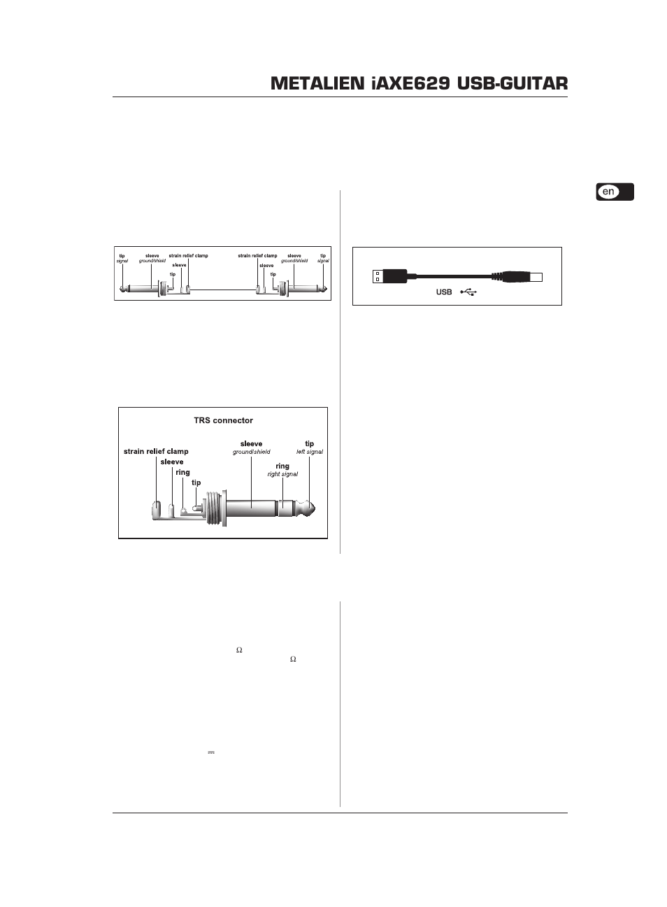 Audio connections, 1 wiring, 2 headphone connection | 3 usb cable, Specifications, Metalien iaxe629 usb-guitar | Behringer IAXE629 User Manual | Page 5 / 6