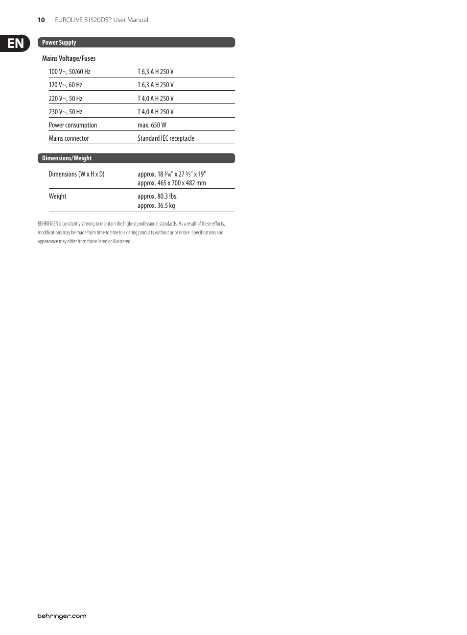Behringer Digital Processor-Controlled 600-Watt 15" PA Speaker System with Integrated Mixer B1520DSP User Manual | Page 10 / 12