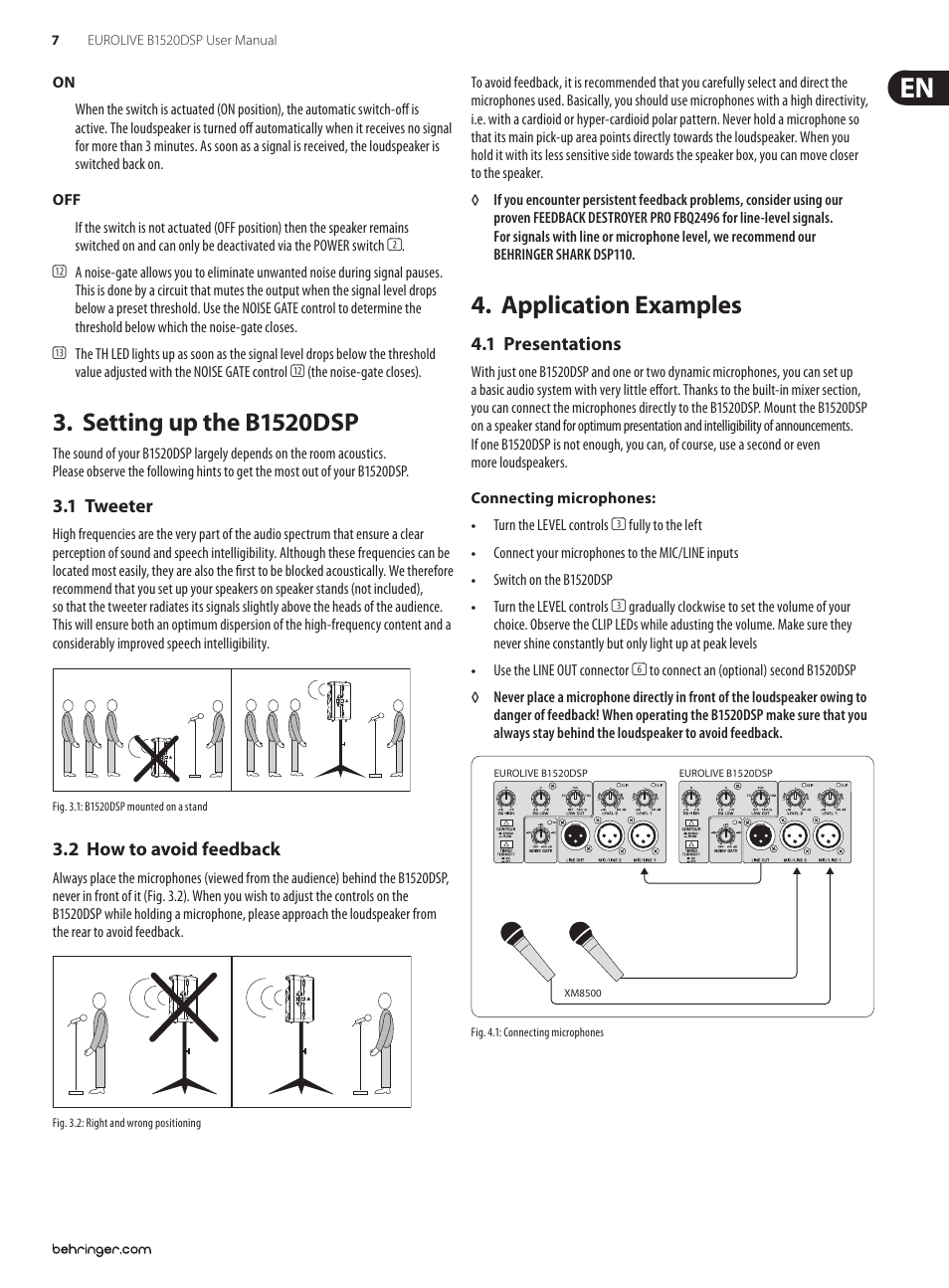 Setting up the b1520dsp, 1 tweeter, 2 how to avoid feedback | Application examples, 1 presentations, 1 tweeter 3.2 how to avoid feedback | Behringer Digital Processor-Controlled 600-Watt 15" PA Speaker System with Integrated Mixer B1520DSP User Manual | Page 7 / 12