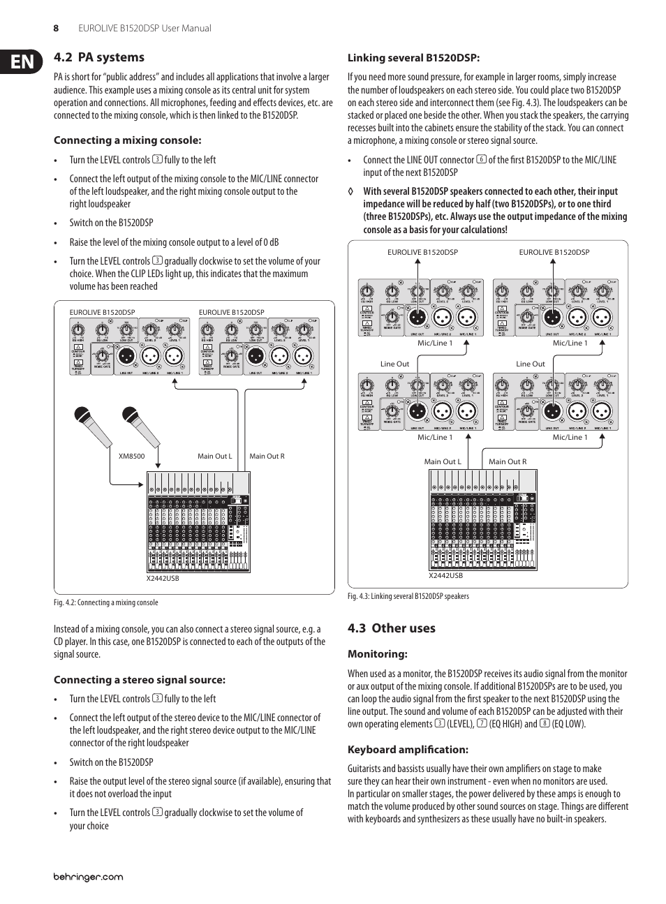 2 pa systems, 3 other uses, 2 pa systems 4.3 other uses | Behringer Digital Processor-Controlled 600-Watt 15" PA Speaker System with Integrated Mixer B1520DSP User Manual | Page 8 / 12