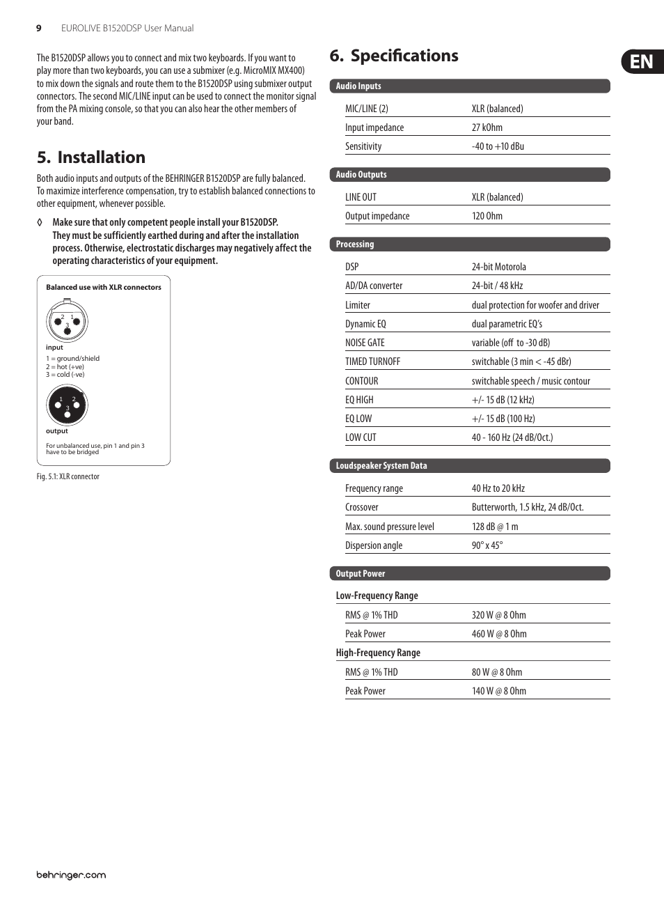 Installation, Specifications, Installation 6. specifications | Behringer Digital Processor-Controlled 600-Watt 15" PA Speaker System with Integrated Mixer B1520DSP User Manual | Page 9 / 12