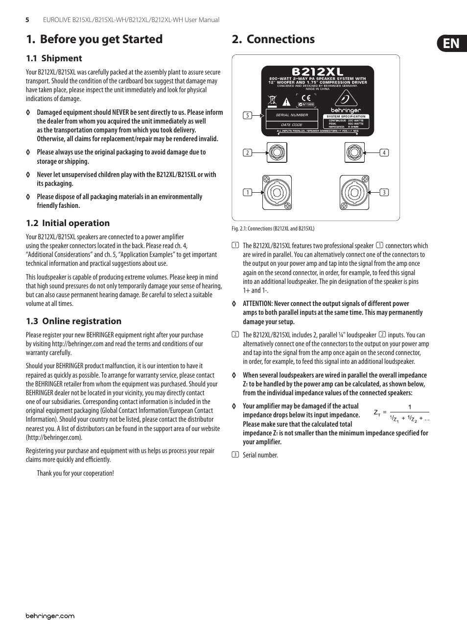 Before you get started, 1 shipment, 2 initial operation | 3 online registration, Connections | Behringer Eurolive B215XL/B215XL-WH User Manual | Page 5 / 9
