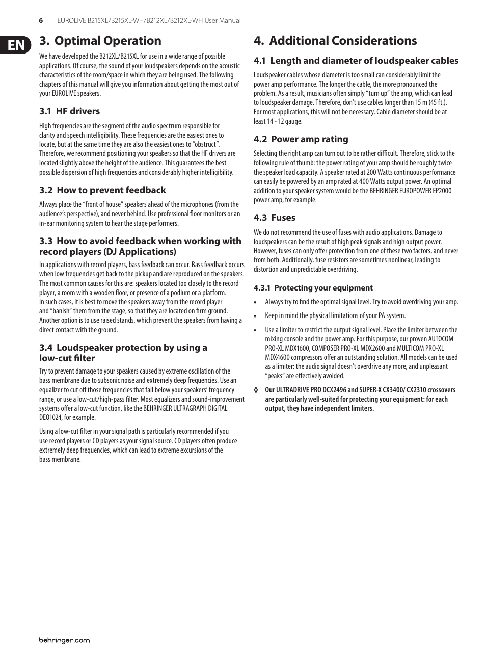 Optimal operation, 1 hf drivers, 2 how to prevent feedback | 4 loudspeaker protection by using a low-cut filter, Additional considerations, 1 length and diameter of loudspeaker cables, 2 power amp rating, 3 fuses, 1 protecting your equipment, Low-cut filter | Behringer Eurolive B215XL/B215XL-WH User Manual | Page 6 / 9