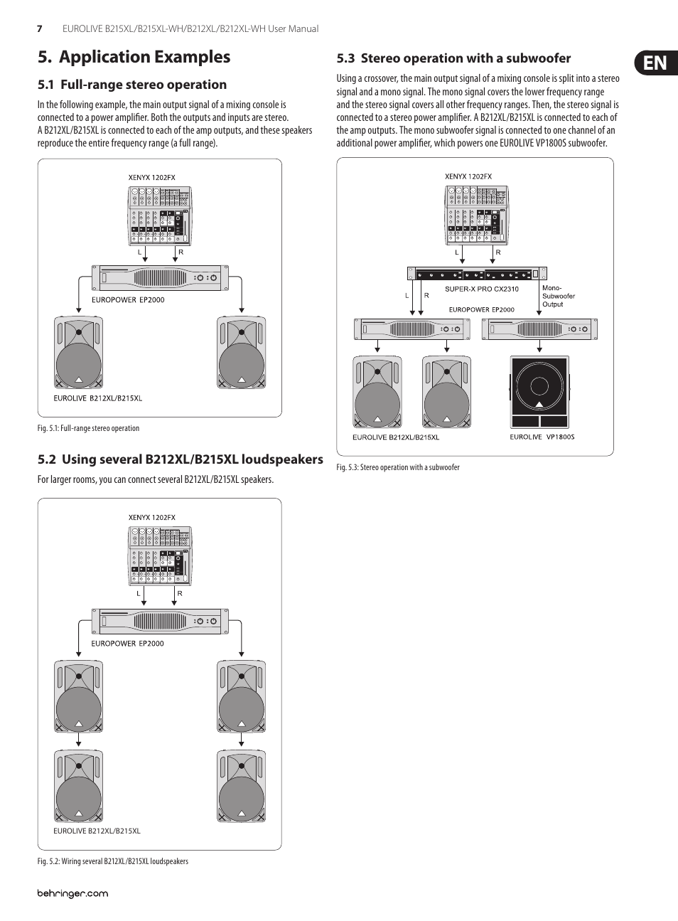 Application examples, 1 full-range stereo operation, 2 using several b212xl/b215xl loudspeakers | 3 stereo operation with a subwoofer | Behringer Eurolive B215XL/B215XL-WH User Manual | Page 7 / 9