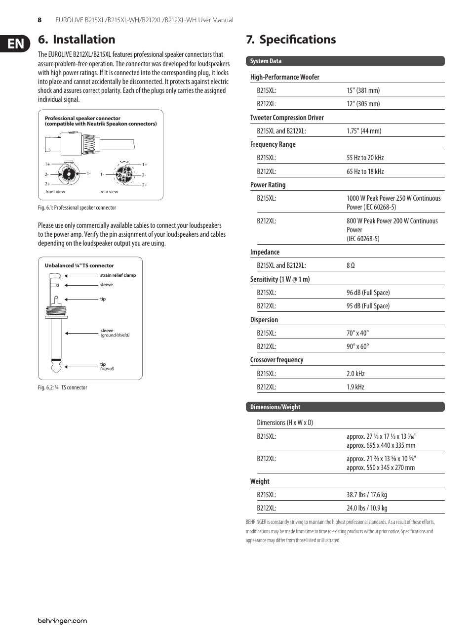 Installation, Specifications, Installation 7. specifications | Behringer Eurolive B215XL/B215XL-WH User Manual | Page 8 / 9