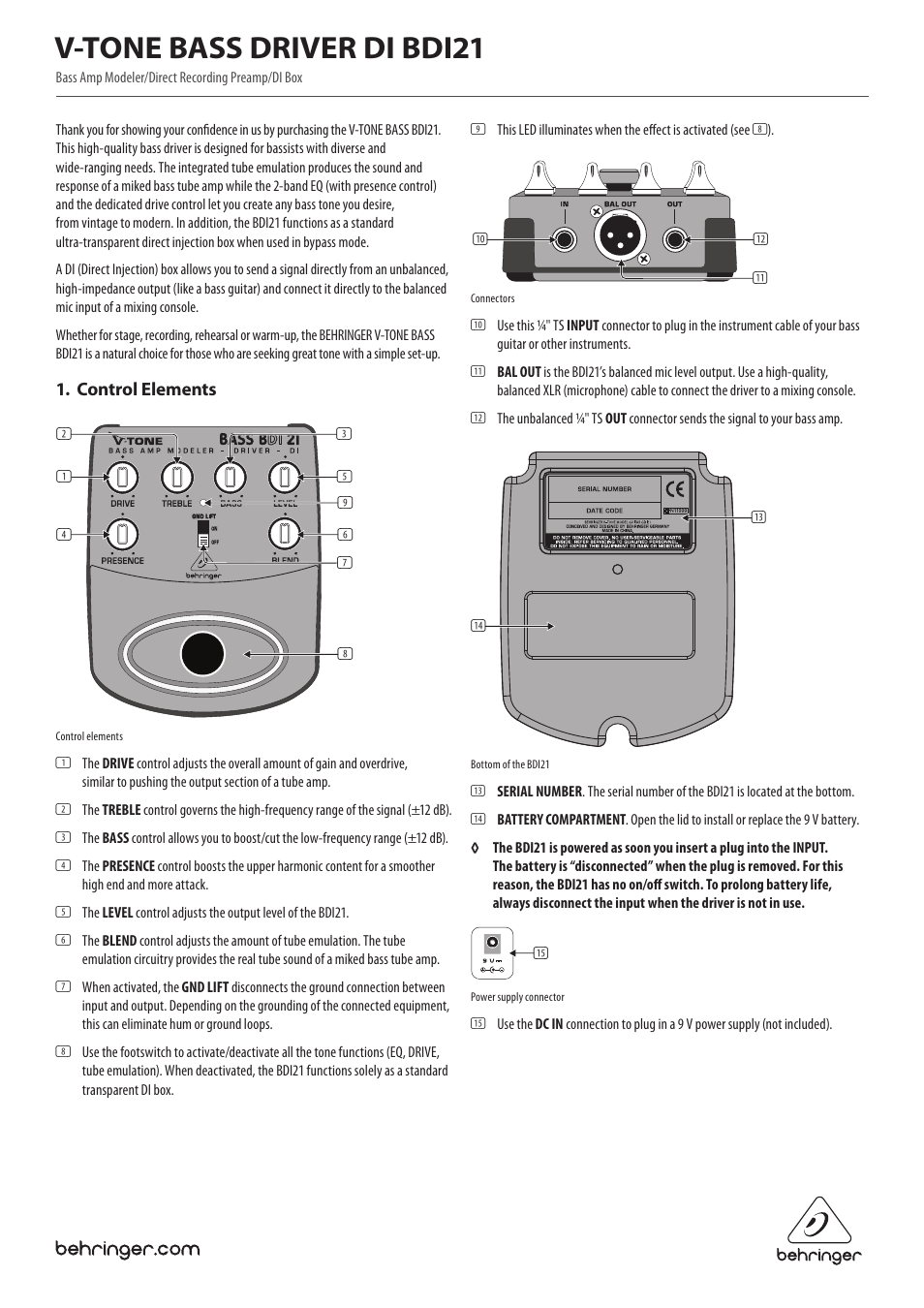 Behringer Bass Amp Modeler/Direct Recording Preamp/DI Box BDI21 User Manual | 2 pages