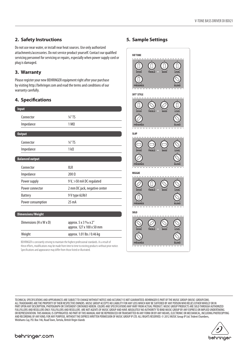 Safety instructions, Warranty, Specifications | Sample settings | Behringer Bass Amp Modeler/Direct Recording Preamp/DI Box BDI21 User Manual | Page 2 / 2