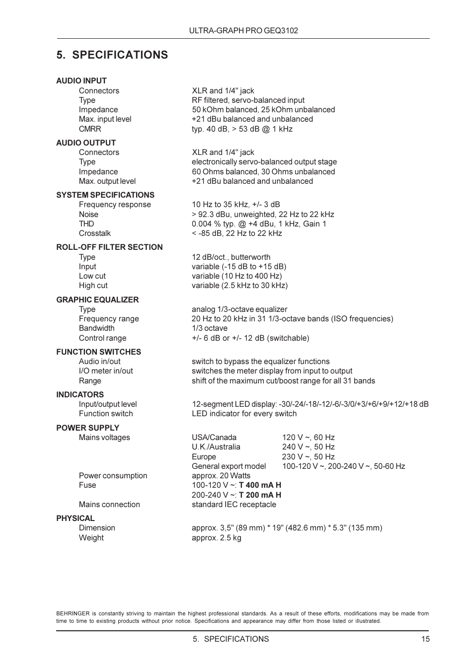 Specifications | Behringer GEQ3102 User Manual | Page 15 / 16