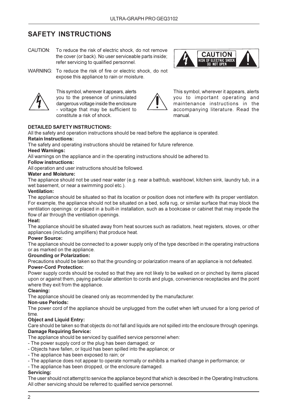 Safety instructions | Behringer GEQ3102 User Manual | Page 2 / 16