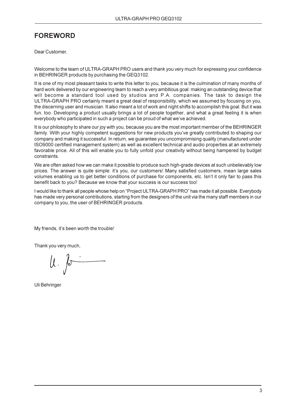 Foreword | Behringer GEQ3102 User Manual | Page 3 / 16