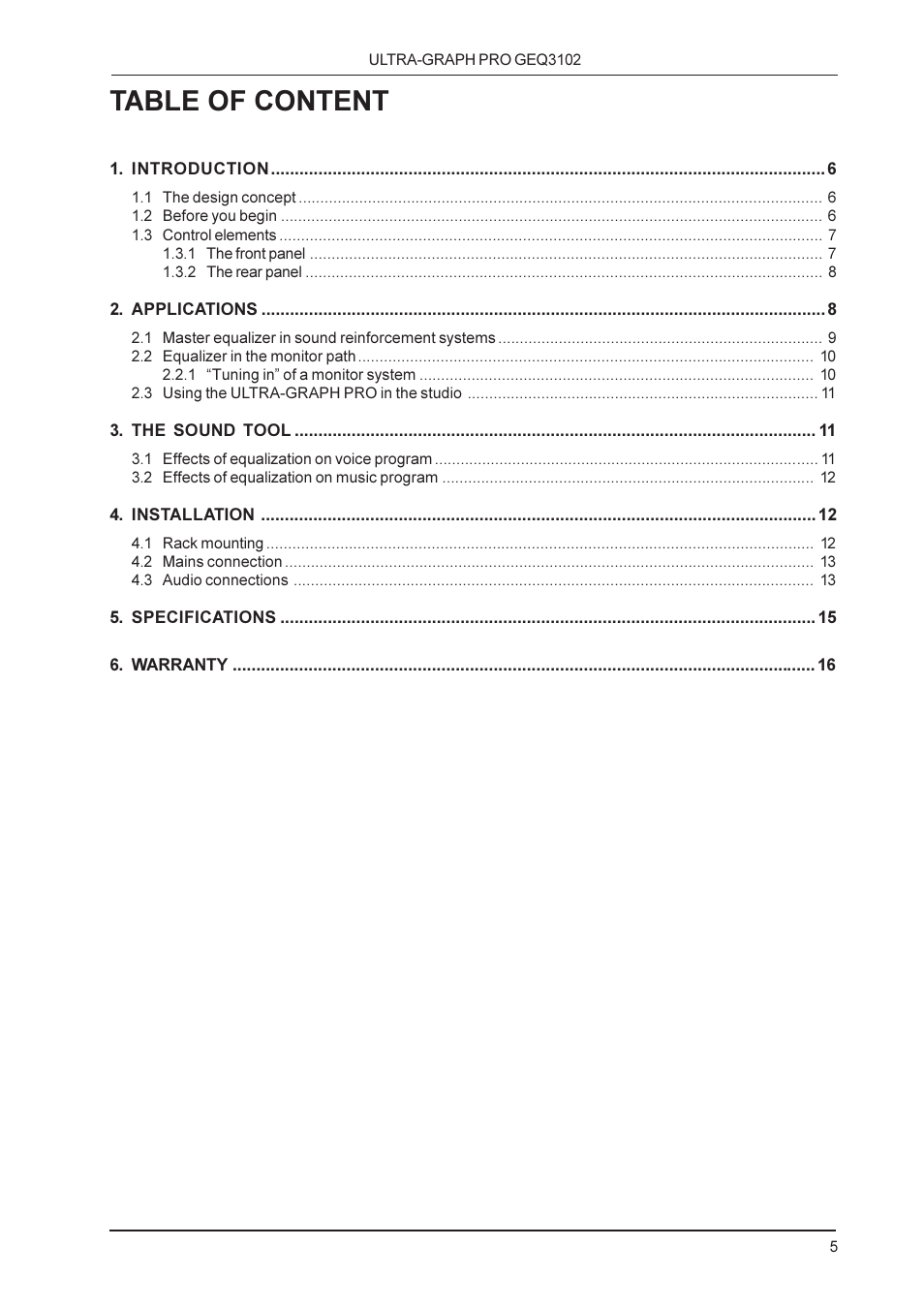 Table of content | Behringer GEQ3102 User Manual | Page 5 / 16