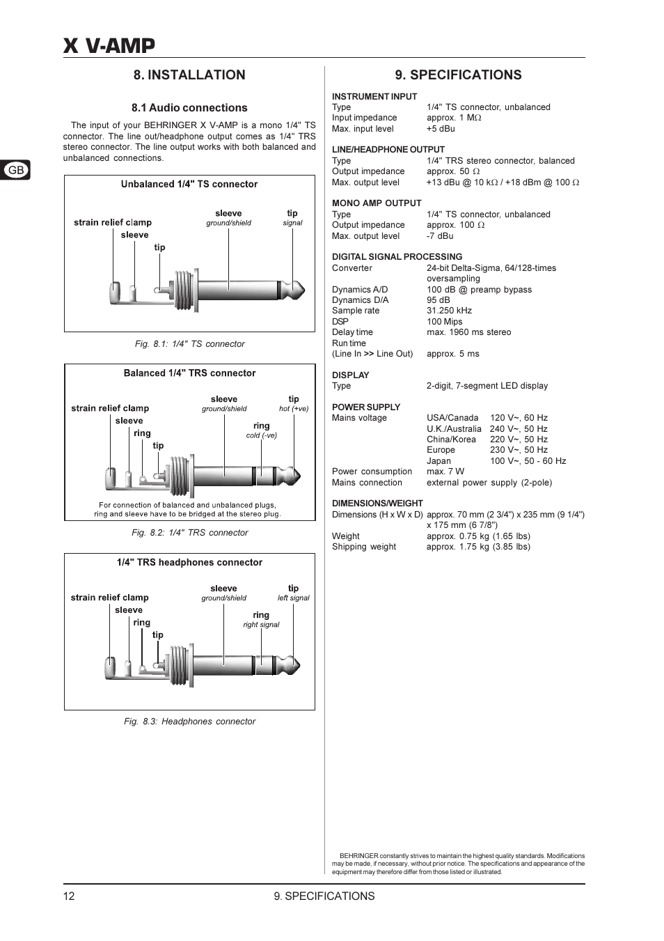 X v-amp, Installation, Specifications | 1 audio connections | Behringer X V-AMP User Manual | Page 12 / 13