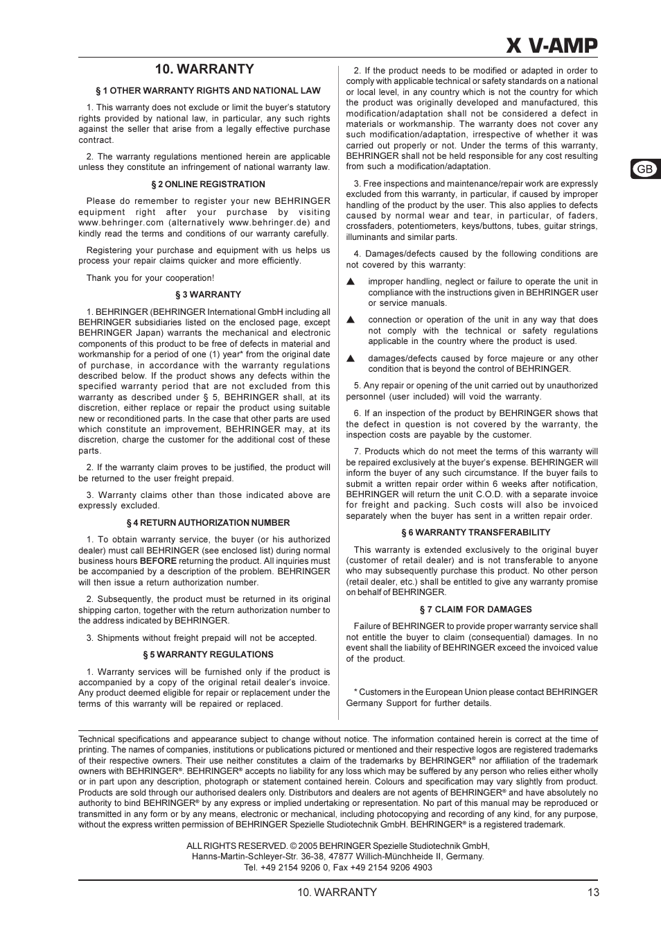 X v-amp, Warranty | Behringer X V-AMP User Manual | Page 13 / 13