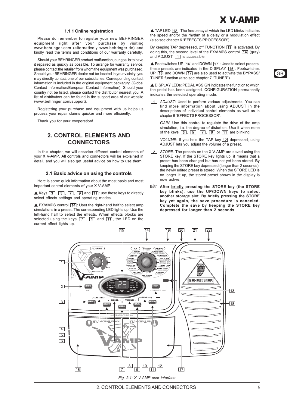 X v-amp, Control elements and connectors | Behringer X V-AMP User Manual | Page 5 / 13